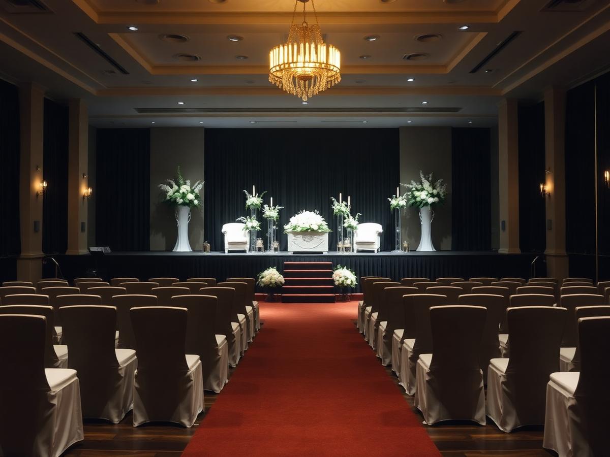 Funeral hall prepared with draped seating and florals